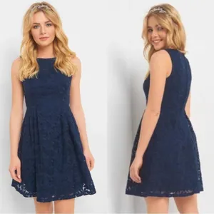 Orsay Navy Blue Floral Embroidered Lined A‎ Line Dress Size: EU 40 or US 8 thumbnail 2