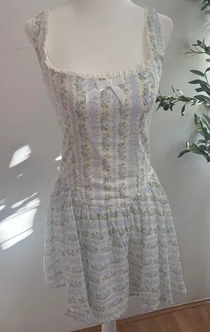 Vintage-Inspired Blue Floral Mini Dress with Cream Trim thumbnail 1