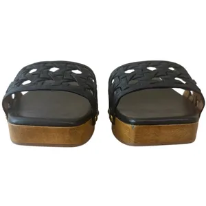 Tory Burch Basketweave Leather Clogs Black Wood Platform‎ 9 thumbnail 2