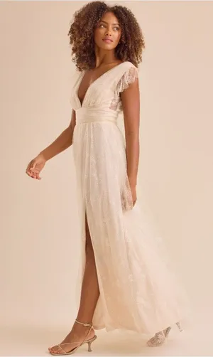 Altar'd State Elina Dress Womens Medium White Glitter Tulle Maxi Formal Gown thumbnail 1