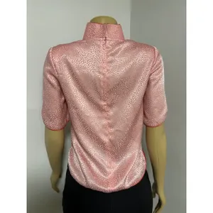 VTG ASIAN Pink Satin Jacquard Frog Button Blouse Red Piping Mandarin Collar Top thumbnail 3