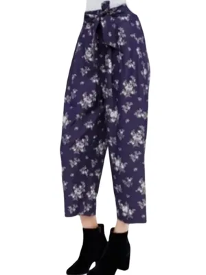 Club Monaco 2 Navy Floral wide leg cropped culottes Palazzo high-rise pleated thumbnail 5