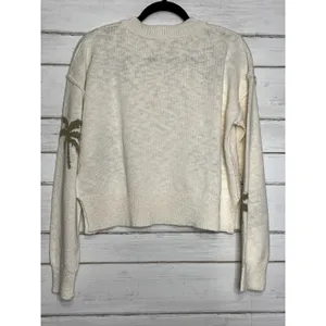 hem & thread Palm Tree Knit Sweater Medium Cotton Cream Olive Green Crew Neck thumbnail 5