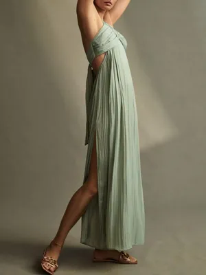 Anthropologie Women’s Halter Neck Tie Back Flowy Maxi Dress Sage Green Size M thumbnail 9