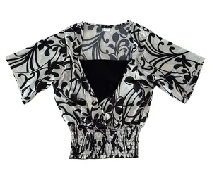 Black & Cream Floral Wrap-Style Women's Top-Y2K thumbnail 1