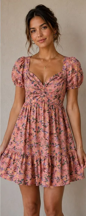 1709 | NWT Cottagecore Boho Floral Puff Sleeve Tie Back Mini Dress Pink Womens M thumbnail 1