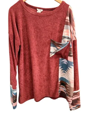 BiBi‎ Aztec Contrast Pocket Top Women Large Rust Red Southwestern Boho Knit thumbnail 1