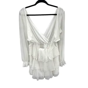 Tiered Ruffle White Mini‎ Dress Womens Large V Neck Romantic Feminine Tie Back thumbnail 7