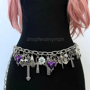 Silver Y2K Gothic Purple Heart Charm Chain Belt, Fits 14-40 Inches, X7GA1307 thumbnail 1