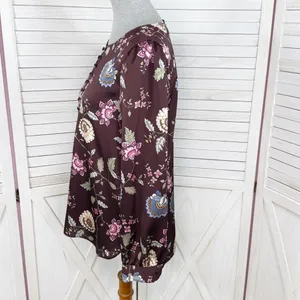 Vince Camuto Floral‎ Puff Sleeve Button Front Blouse Brown Pink Small Wildflower thumbnail 2