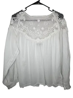 Frye White Crochet Lace Boho Loose Fit Long Sleeve Peasant Blouse thumbnail 1