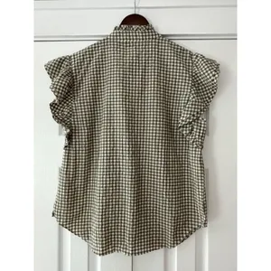 Veronica Beard Jeans Olive Gingham Ruffle‎ Flutter Sleeve Button Top Large thumbnail 3