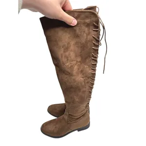 French Connection Brown Vegan Suede Lace Up Over The Knee Boots Low Heel Size 6 thumbnail 6