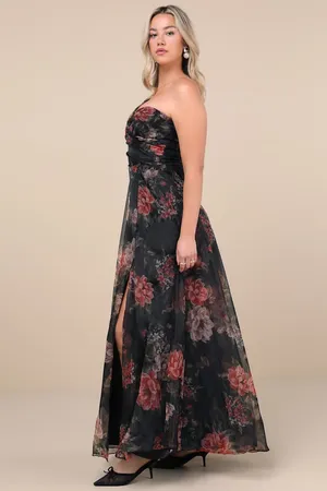 New Lulus Black Floral Organza One-Shoulder Maxi Dress Size XL MSRP $138 thumbnail 9