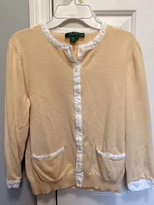 Lauren‎ Ralph Lauren Beige Cotton Cardigan Button Front Lightweight Sweater M thumbnail 3