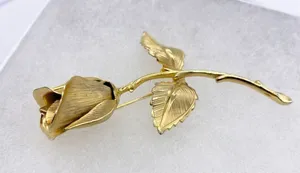 Vintage Gold Plated Rose Brooch Detailed Stem with Two Leaves 1960s Vintage Broo thumbnail 1