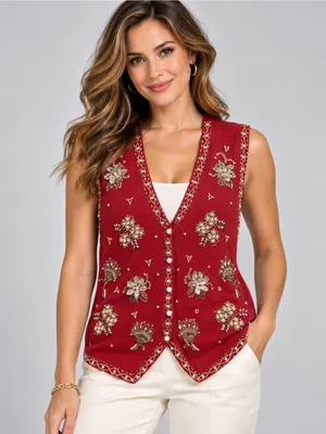 VTG Claudia D Beaded Sweater Vest Red Floral Pearl Embellished Large thumbnail 1