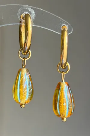 Handmade teardrop Czech glass simple minimalist hoop dangle earrings🤎 thumbnail 1
