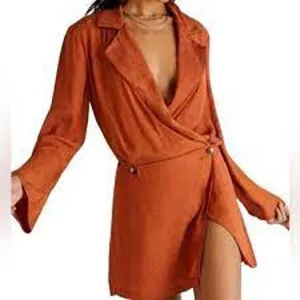 Free People Simone Notch Lapel Mini Dress In Burnt Orange Size L Boho Dressy thumbnail 1