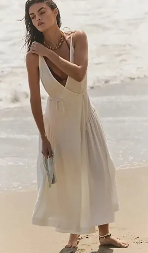 FREE PEOPLE FREE-EST MAISIE MIDI WRAP DRESS TIE SHOULDERS SMALL IVORY Cotton thumbnail 1