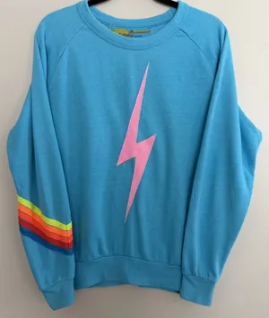 Aviator Nation Lightning Bolt Neon Chevron 5 Stripe Crew Sweatshirt Size Medium thumbnail 1