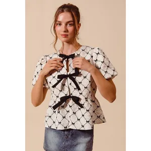 SO ME Bow Texture Woven Peplum Top With Contrast Tie - Ivory - Small thumbnail 2