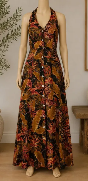California Krush Vintage Tropical Print Rayon Maxi Dress M thumbnail 1