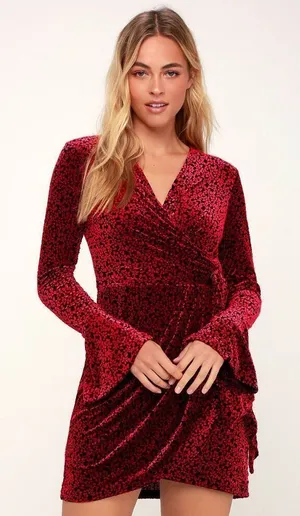 C/MEO Breakthrough Velvet Long Sleeve Tie Front Dress in Black and Red Medium thumbnail 1