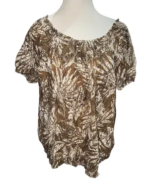 Brown leaf tropical print peasant top  thumbnail 1