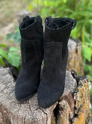 Black Suede Western Ankle Boots Whipstitch Pointed Toe Cone Heel Booties thumbnail 1