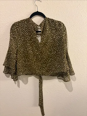 Xhilaration Olive Green White Polka Dot Tie-Front Blouse thumbnail 3