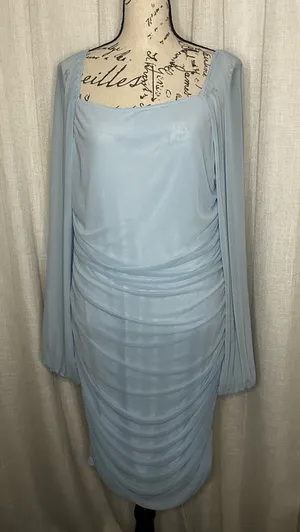Amazon Womens Light Blue XL Square Neck Mesh Long Sleeve Bodycon Mini Dress thumbnail 1