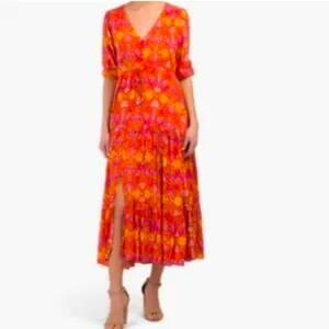 Floral Prairie Maxi Dress Small Boho Festival Cottagecore Orange Pink Romance thumbnail 13