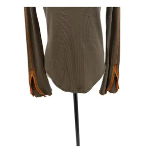 Free People Waffle‎ Knit Thermal Top Olive Green Zip Cuff Long Sleeve Womens M thumbnail 6