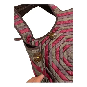 Boho Quilted Silk Shoulder Bag | Red Brown Patchwork Hobo | Coconut Button thumbnail 8