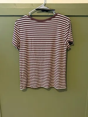 American Eagle Brown & White Striped V-Neck Tee thumbnail 3