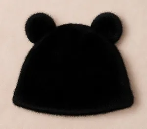 Black Faux Fur Teddy Bear Ear Beanies – High Quality Winter Hat 🐻 thumbnail 1