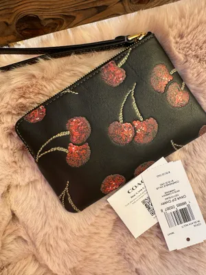 NWT Coach CDF05 Corner Zip Wristlet With Cherry Print Smooth Leather Black Multi thumbnail 2