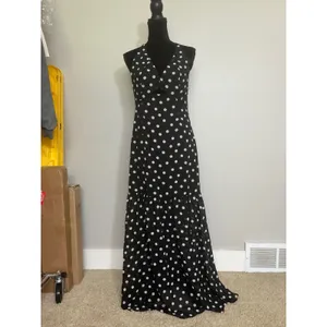 Polka Dot Maxi Dress Black White V-Neck Cutout Tiered Ruffle Retro Sexy SZ M / 6 thumbnail 2