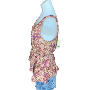 Fall Paisley Peplum Top SMALL Taupe Sleeveless Earthy Brown Camisole NEW thumbnail 3