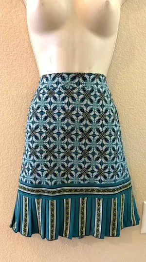 Max Studio Teal Patterned A-Line Skirt with Striped Ruffle Hem  thumbnail 1