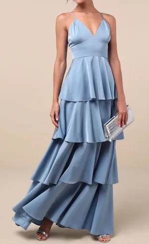 NWT Lulus‎ Going with Elegance Slate Blue Satin Tiered Gown Size Small Formal thumbnail 1