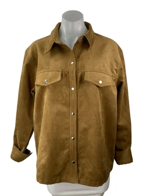H&M Divided Womens Brown Faux Suede Long Sleeve Button Up Shaket Shirt Jacket M thumbnail 1