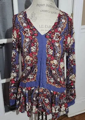 Free People Womens Purple Lovely Dreams Floral Long Sleeve Tunic Top Small‎ thumbnail 1