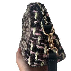 Tory Burch Kira Small Tweed Camera Bag Crossbody Black Pink Gold Logo thumbnail 7