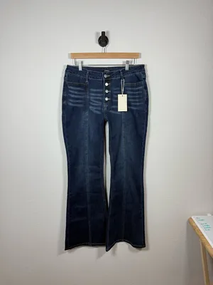 Flamingals Button Fly Flare Jeans Womens XL Dark Wash High Rise NWT thumbnail 3
