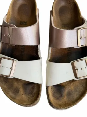 Birkenstock - Arizona Split White Rose Gold Birko-Flor Sandals Sz 39 thumbnail 2