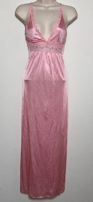 VTG Women Fairy Babydoll Slip Dress Pink Lace Floral Embroidered Satin Maxi thumbnail 1