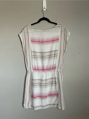 LOFT | White Striped 100% Linen Drawstring Waist Mini Dress Sz S thumbnail 5
