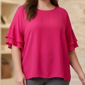 Gibson Latimer Flutter Sleeve Blouse in Fuchsia Pink thumbnail 1